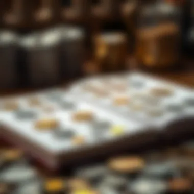 A well-organized coin album opened to reveal neatly categorized coins, demonstrating proper collection techniques.